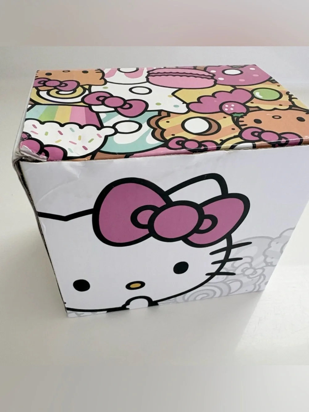 NIB Hello Kitty Cafe White Mug Pink Handle Gray Graphics Logo Box Artwork 12 oz